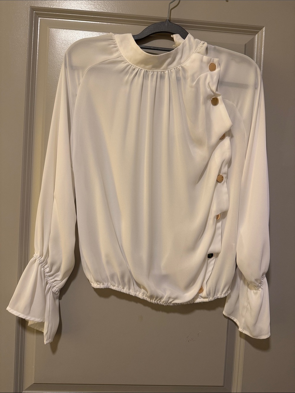 Alberto Makali Ivory Button-Trim Long Sleeve Blouse